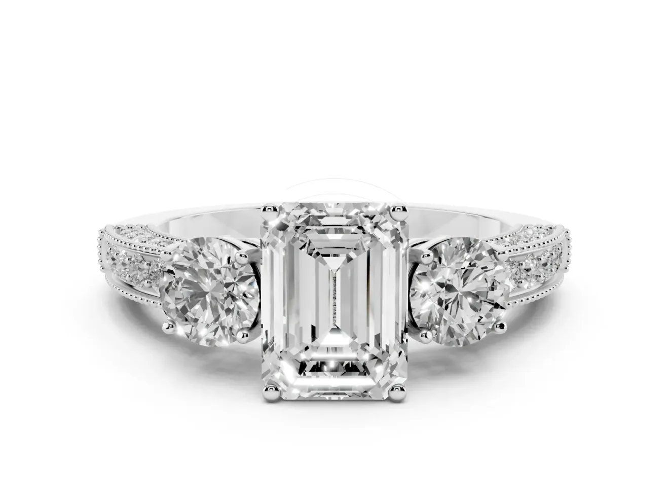 Emerald Cut Diamond Three-Stone Ring Set in Silver with Round Side Stones and Pavé Band