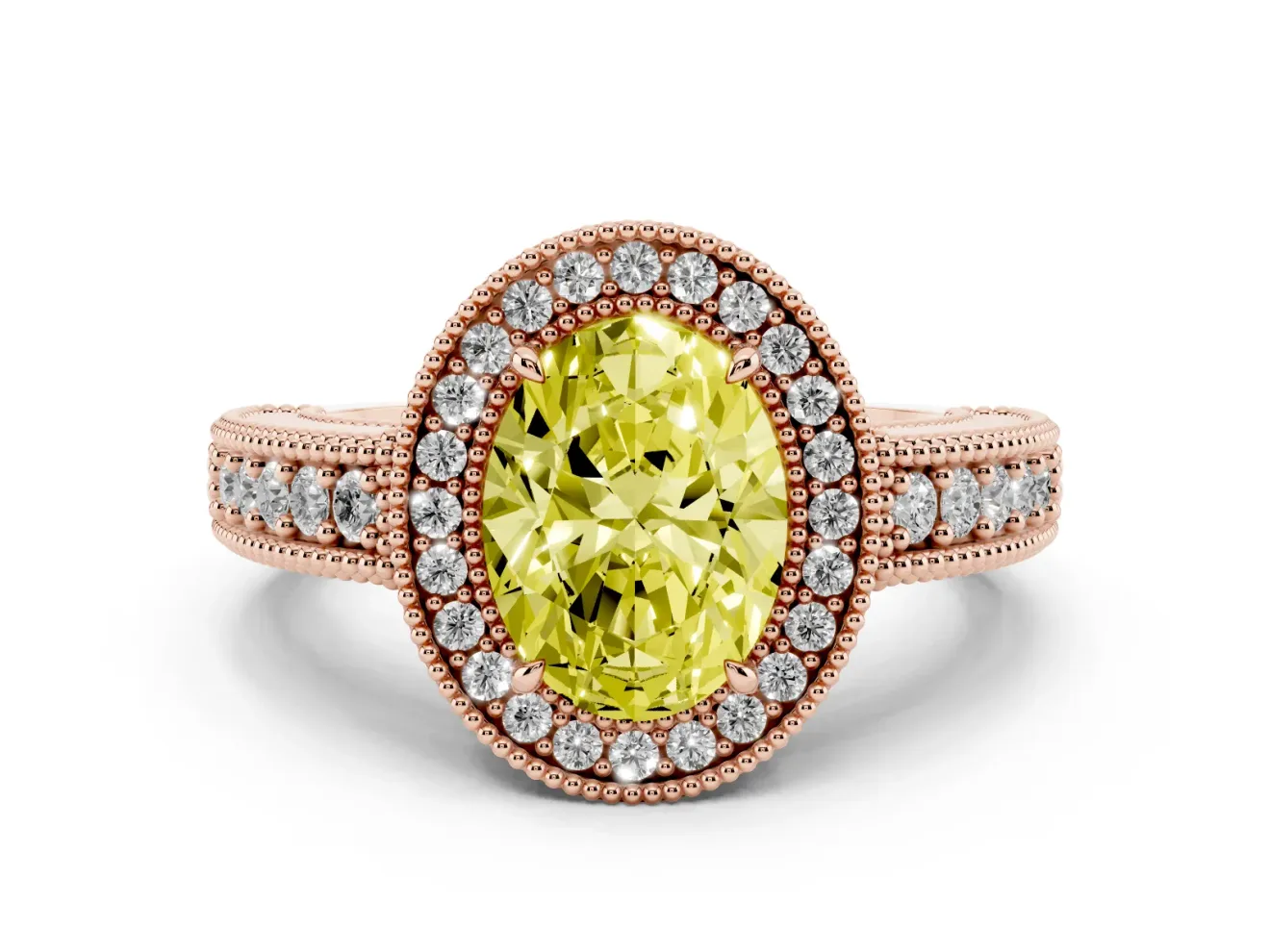 Fancy Yellow Oval Cut Diamond Halo Ring Set in Rose gold with Round Accent Halo, Pavé Band and Prong Setting