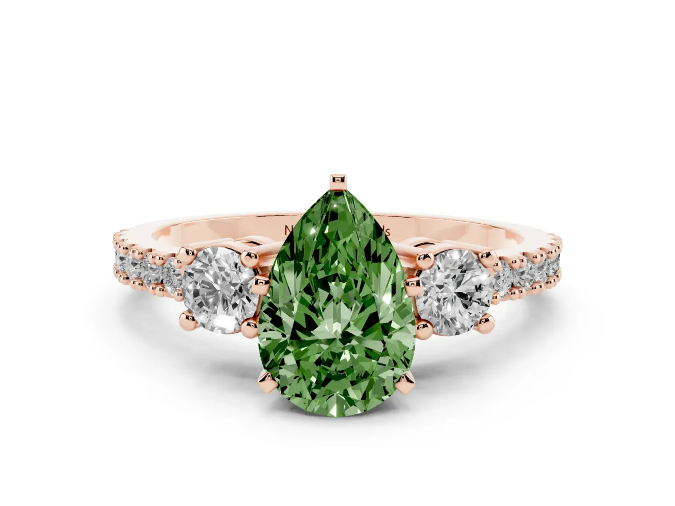 Fancy Green Three-Stone Pear Cut Diamond Pavé Band Ring Set in Rose gold with Prong Setting