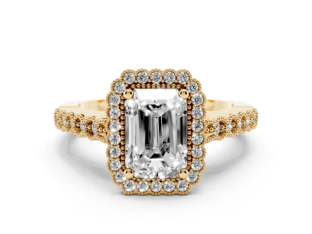 Radiant Cut Vintage Milgrain Halo Engagement Ring Setting | Beaded Pavé Shoulders | Yellow Gold