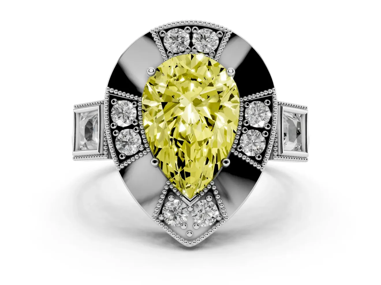 Fancy Yellow Pear Cut Diamond Milgrain Halo Ring Set in White gold with Split Shank