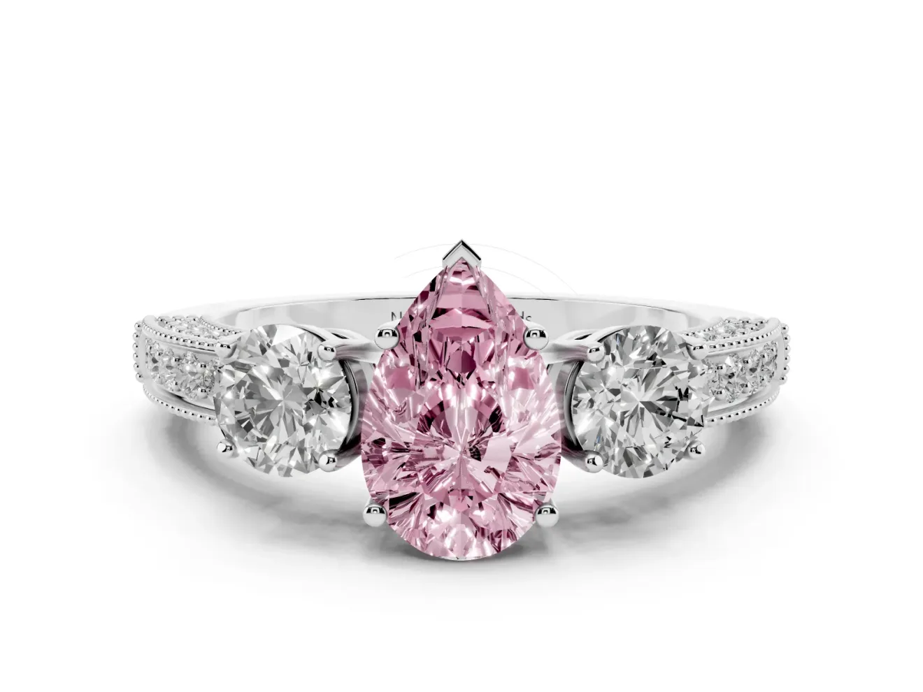 Pear-Shaped Three Stone Engagement Ring Setting for a Fancy Pink Lab-Grown Diamond | Graduated Pave Band | White Gold