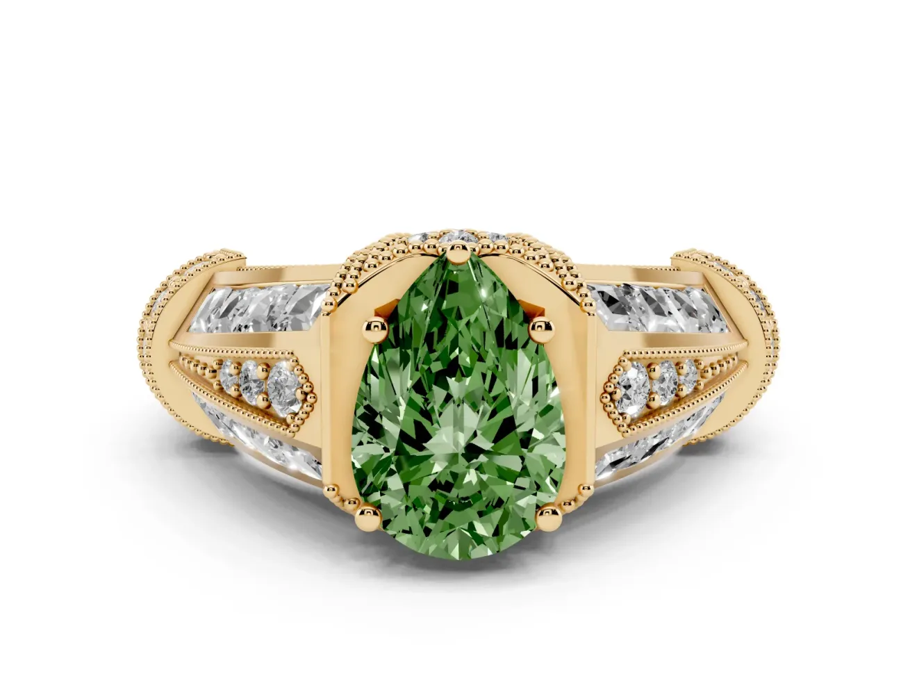Pear-Shaped Vintage Milgrain Engagement Ring Setting for a Fancy Green Lab-Grown Diamond | Hidden Halo | Yellow Gold
