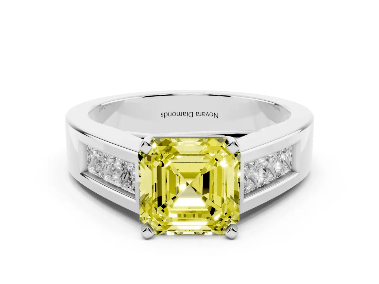 Fancy Yellow Asscher Cut Diamond Solitaire Ring Set in Silver with Channel-Set Accent Stones and Prong Setting