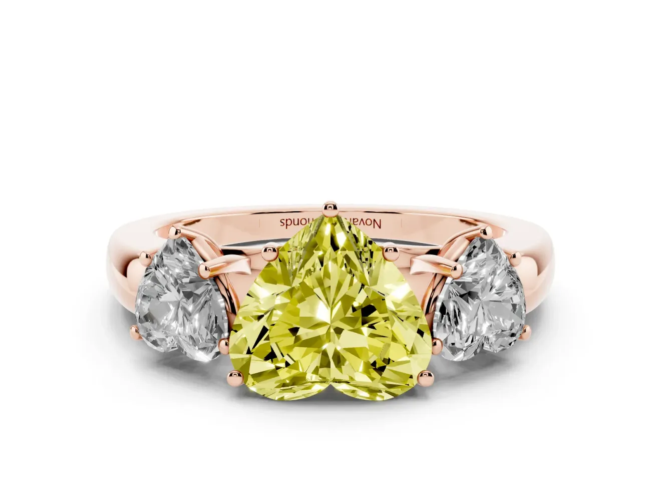 Fancy Yellow Heart Cut Diamond Three-Stone Ring Set in Rose gold with Bold Center and Classic Band