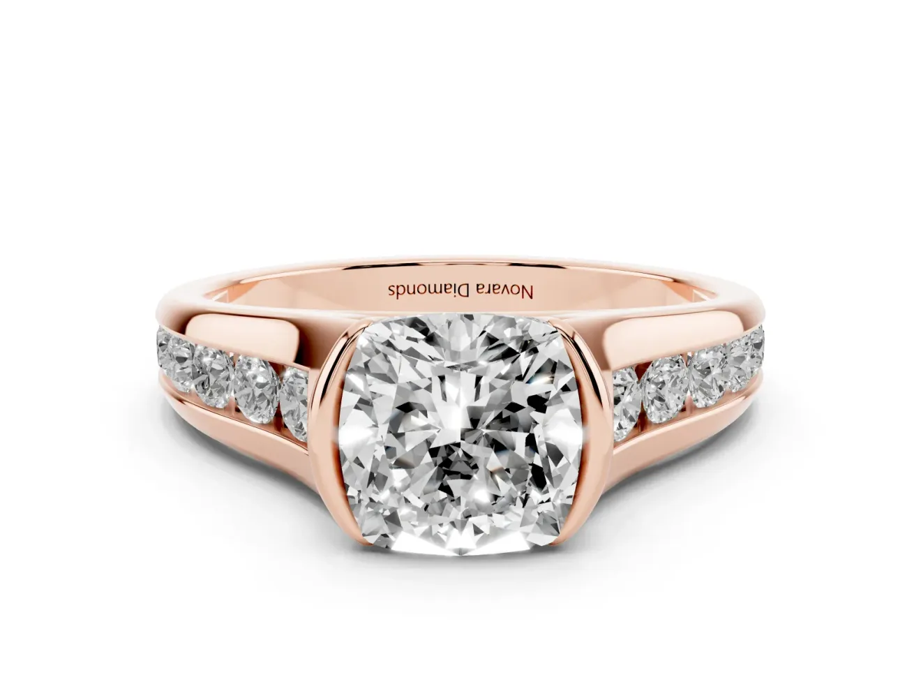 Cushion Cut Half Bezel Solitaire Engagement Ring Setting | Graduated Channel Band | Rose Gold