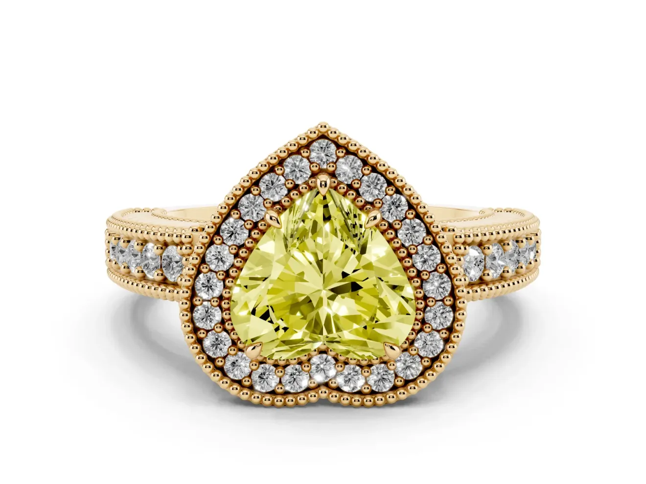 Fancy Yellow Heart Cut Diamond Halo Ring Set in Yellow gold with Round Accent Halo, Pavé Band and Prong Setting