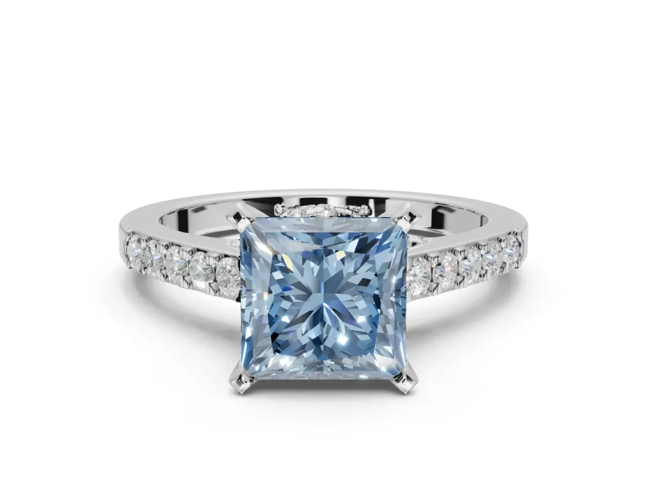 Princess Cut Pavé Engagement Ring Setting for a Fancy Blue Lab-Grown Diamond | Crossover Gallery | Sterling Silver