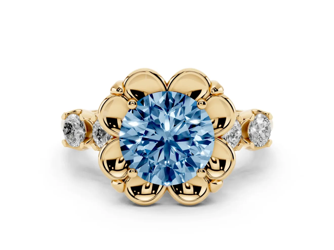 Round Floral Engagement Ring Setting for a Fancy Blue Lab-Grown Diamond | Petal Frame | Yellow Gold