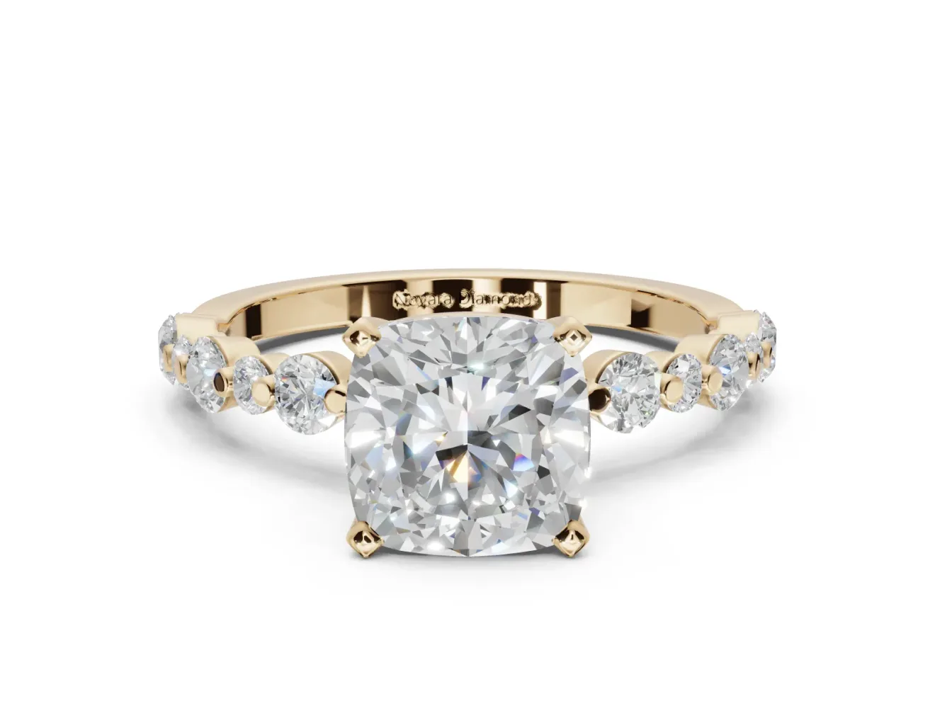 Cushion Cut Pavé Solitaire Engagement Ring Setting | Alternating Accents | Yellow Gold