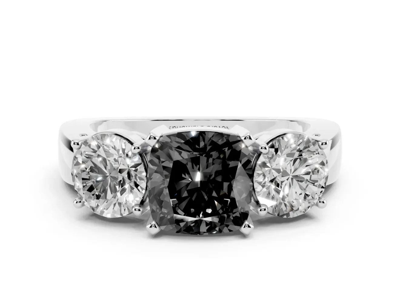 Cushion Cut Three Stone Engagement Ring Setting for a Black Center | Round Side Stones | Sterling Silver