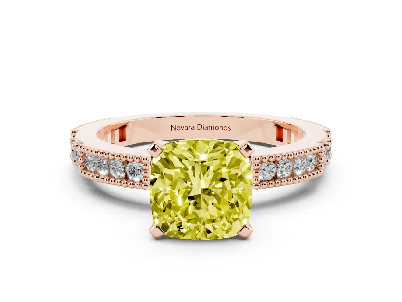 Cushion Cut Vintage Pavé Engagement Ring Setting for a Fancy Yellow Lab-Grown Diamond | Rose Gold