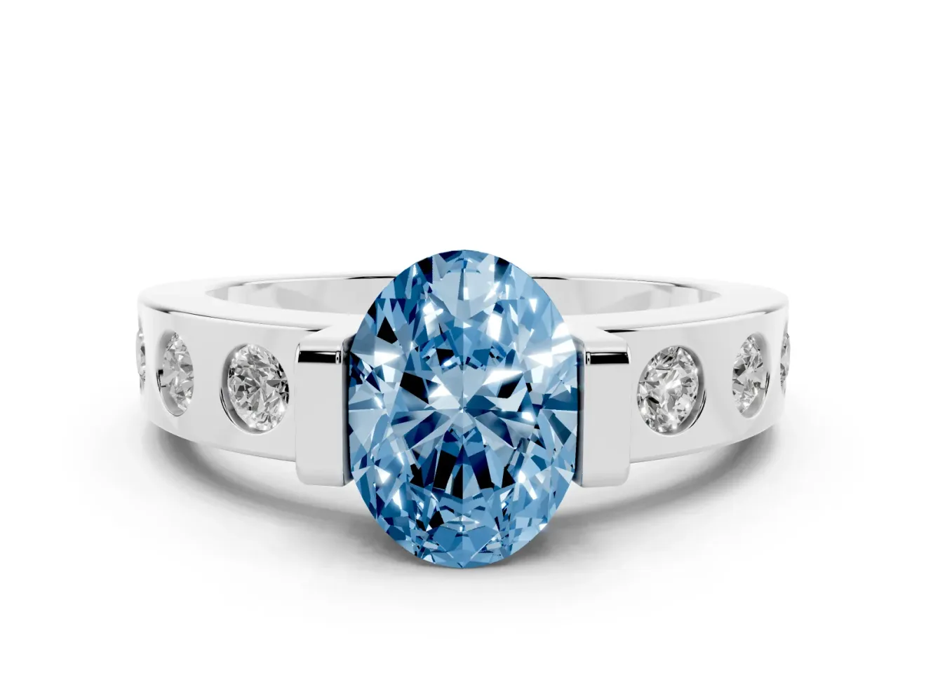Fancy Blue Oval Cut Diamond Channel-Set Band Ring Set in White gold with Bezel Prong Setting