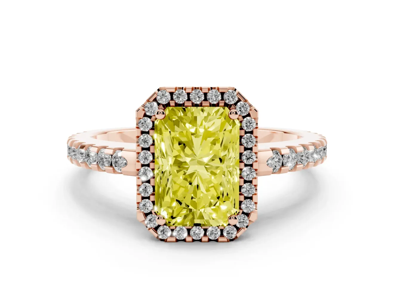 Radiant Cut Pave Halo Engagement Ring Setting for a Fancy Yellow Lab-Grown Diamond | Rose Gold