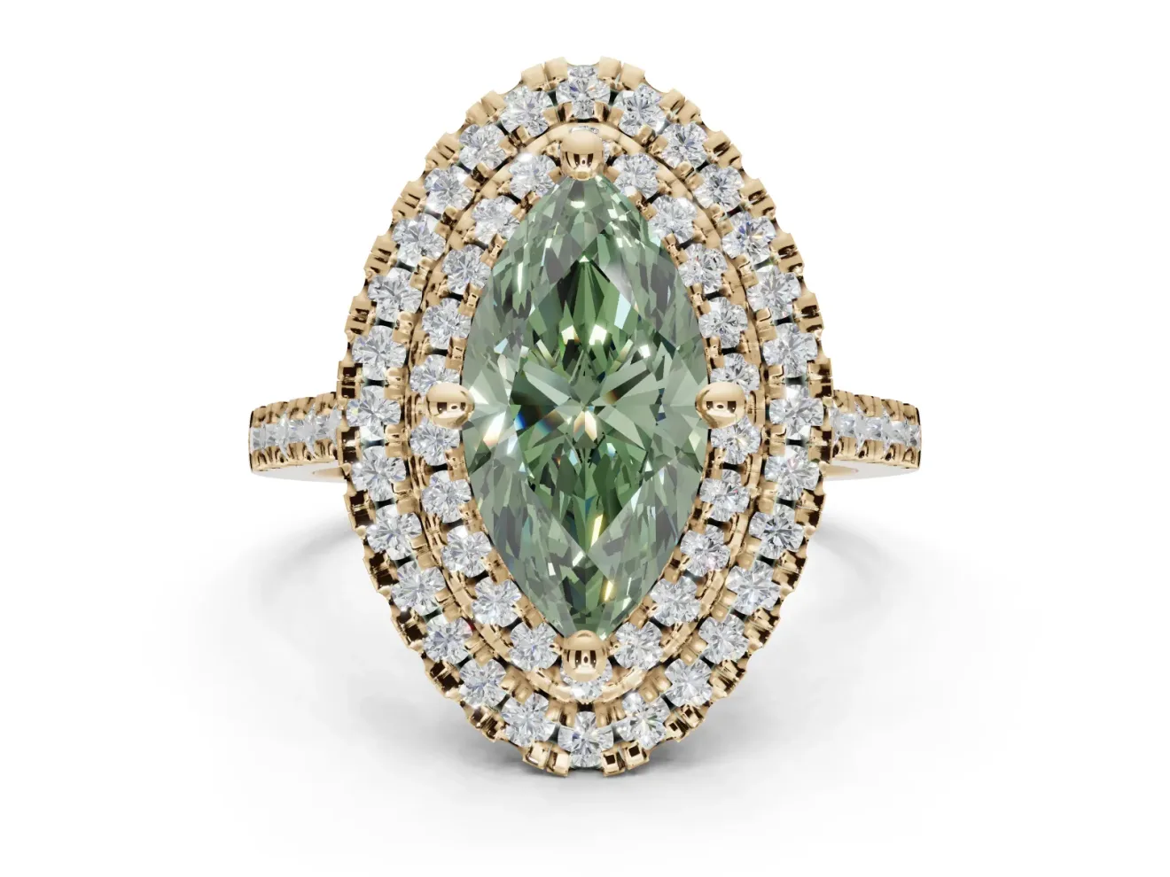 Marquise Double Halo Engagement Ring Setting for a Fancy Green Lab-Grown Diamond | Pave Shoulders | Yellow Gold