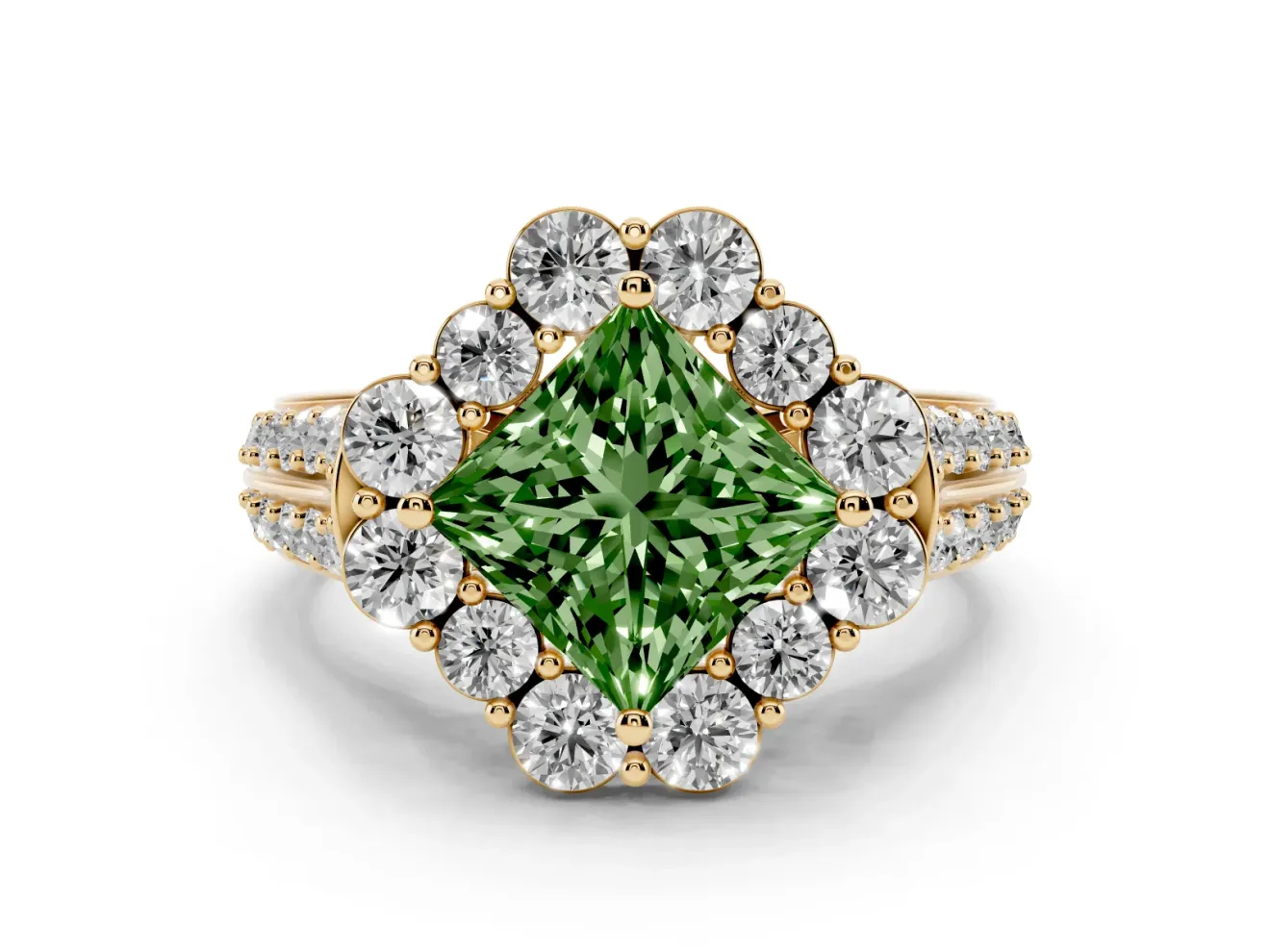 Princess Cut Large Accent Halo Engagement Ring Setting for a Fancy Green Lab-Grown Diamond | Yellow Gold