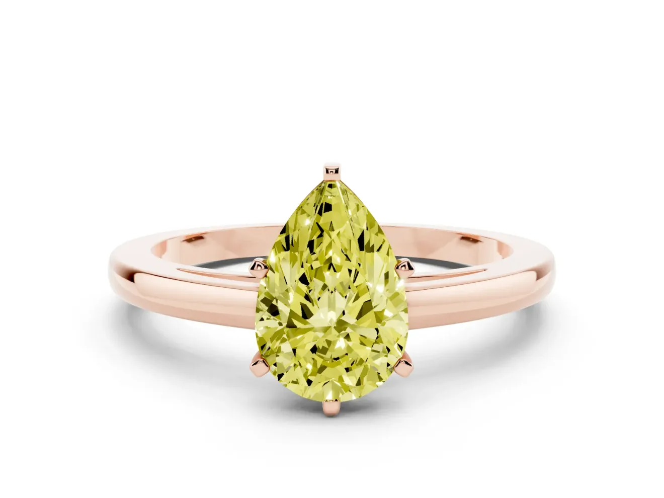 Fancy Yellow Pear Cut Diamond Solitaire Engagement Ring Set in Rose gold with Prong Setting on a Classic Band