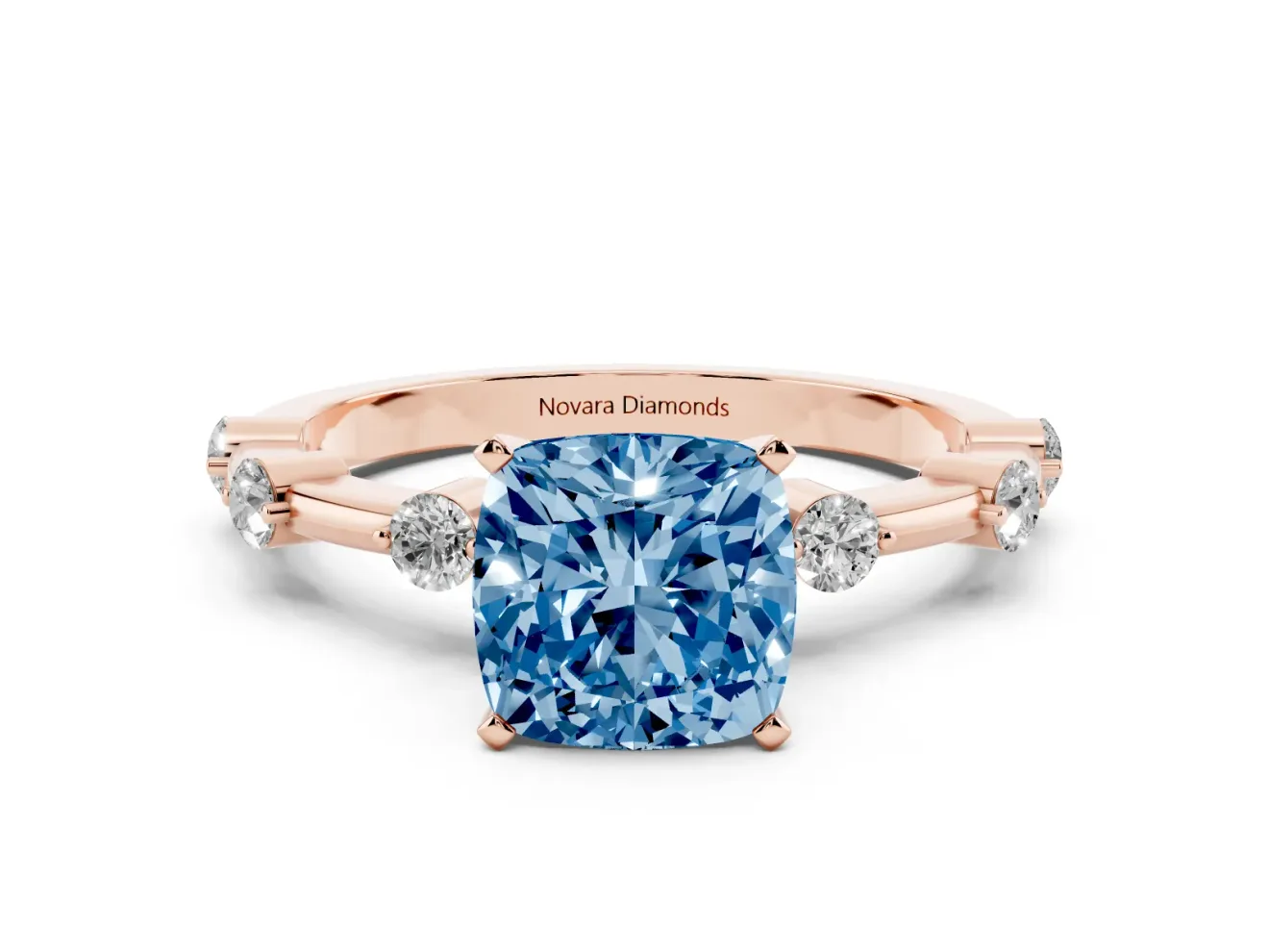Fancy Blue Cushion Cut Diamond Solitaire Ring Set in Rose gold with Bezel Set Side Stones and Prong Setting