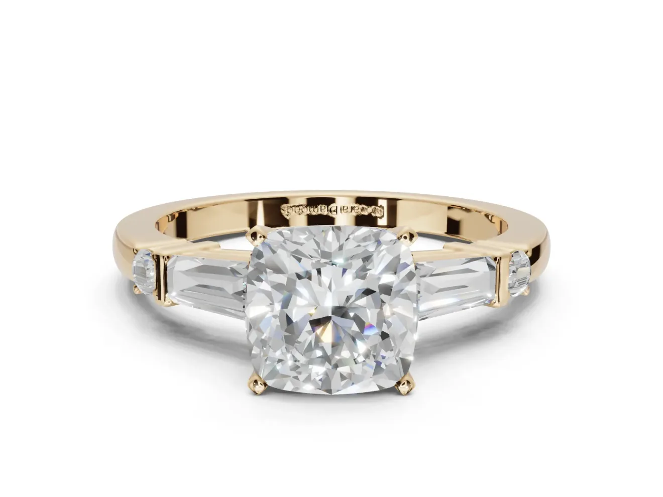 Cushion Cut Tapered Baguette Engagement Ring Setting | Bar Set Sides | Yellow Gold