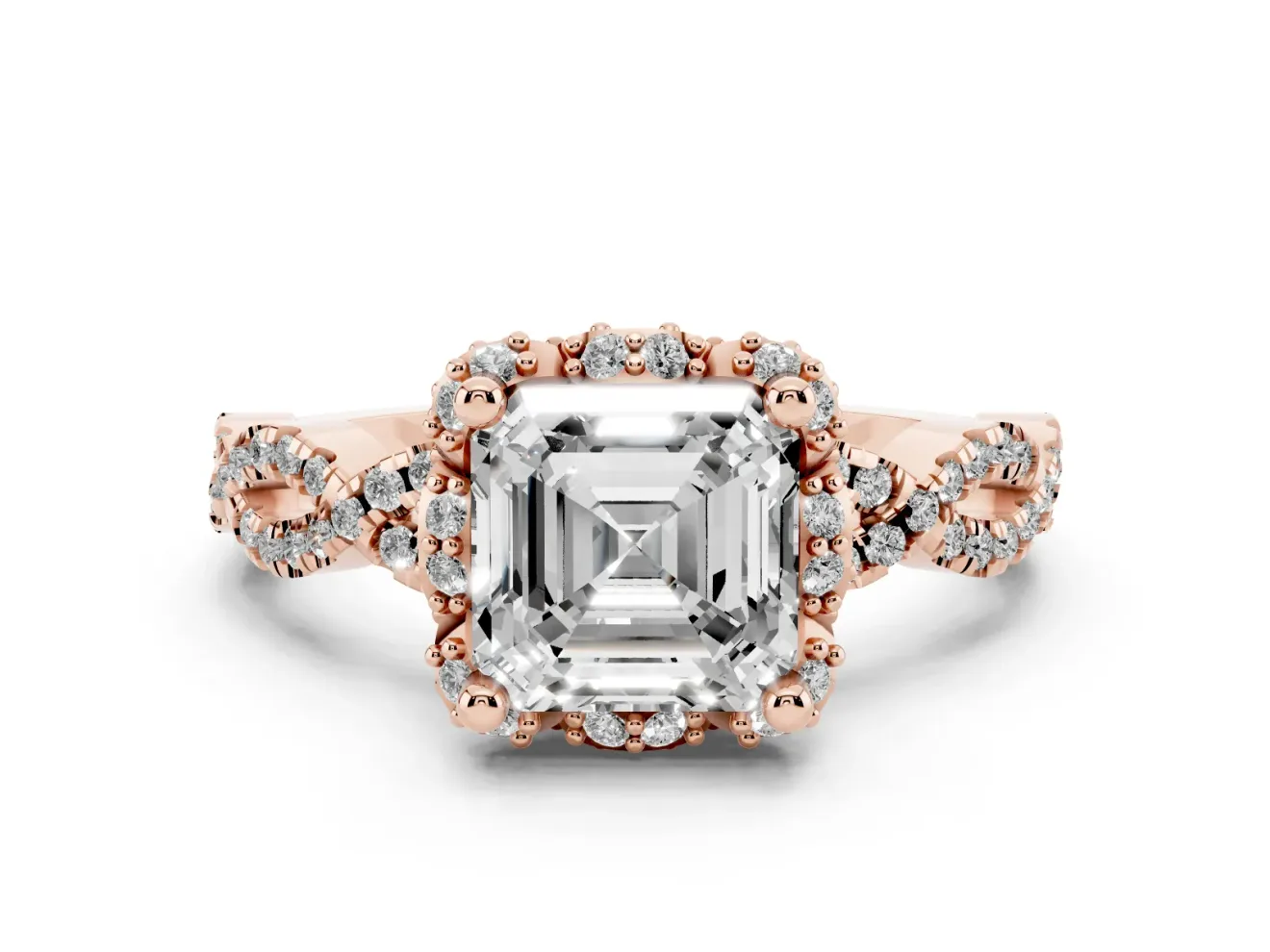Asscher Cut Milgrain Halo Engagement Ring Setting | Graduated Shoulders | Rose Gold