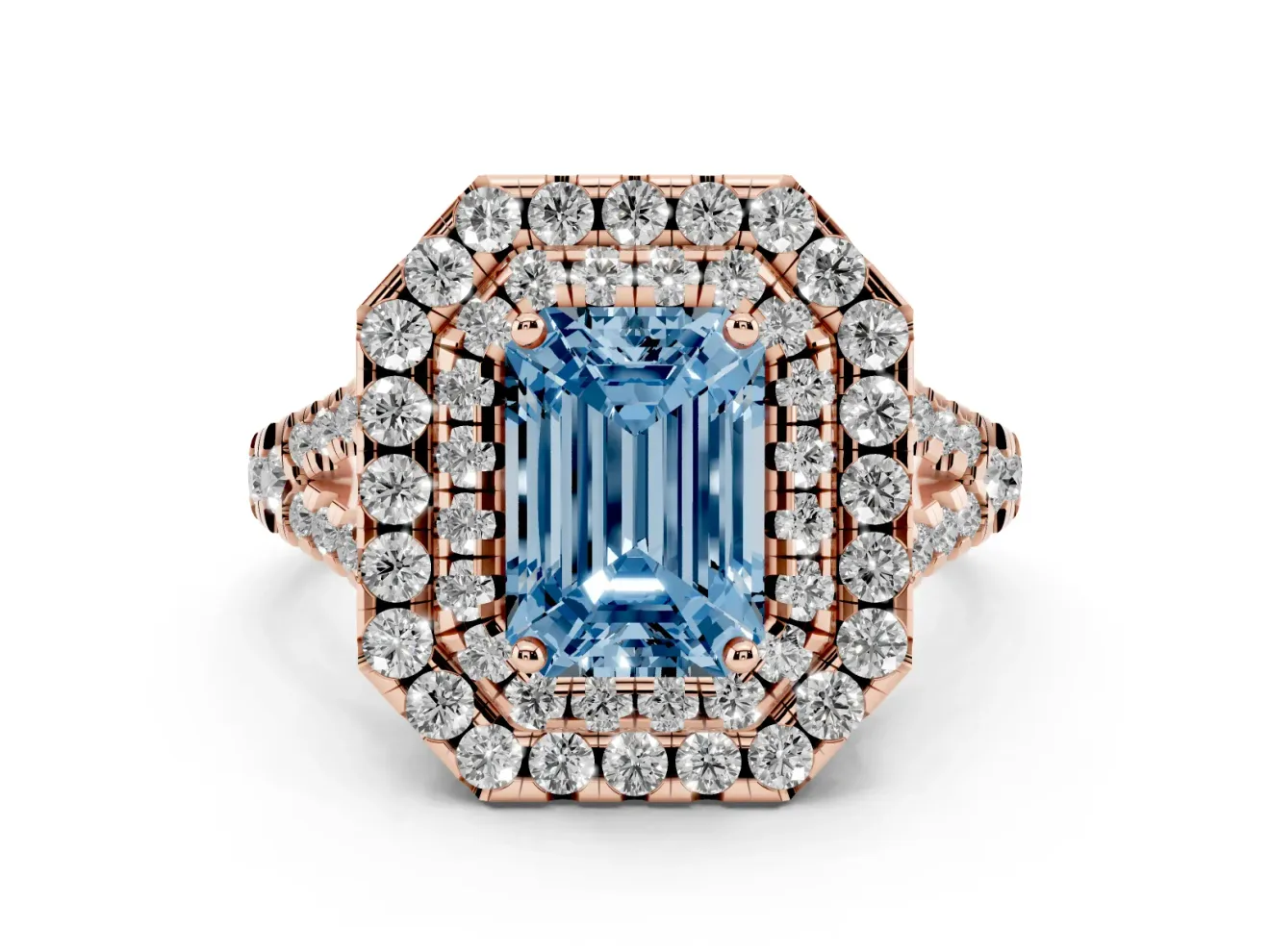Emerald Cut Halo Split Shank Engagement Ring Setting for a Fancy Blue Lab-Grown Diamond | Pavé Strands | Rose Gold