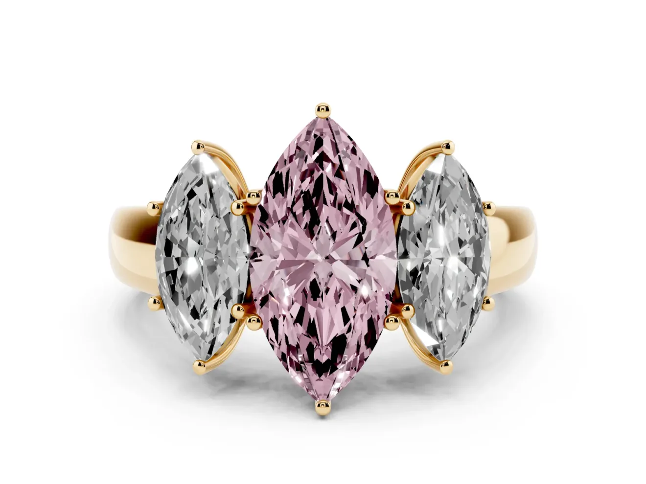 Fancy Pink Three-Stone Marquise Cut Diamond Ring Set in Yellow gold with Matching Prong Settings and Plain Band