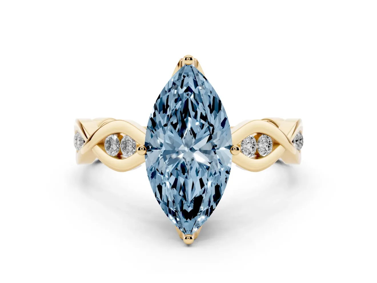 Fancy Blue Marquise Cut Diamond Twist Band Solitaire Ring Set in Yellow gold with Leaf Prong Setting and Accent Stones