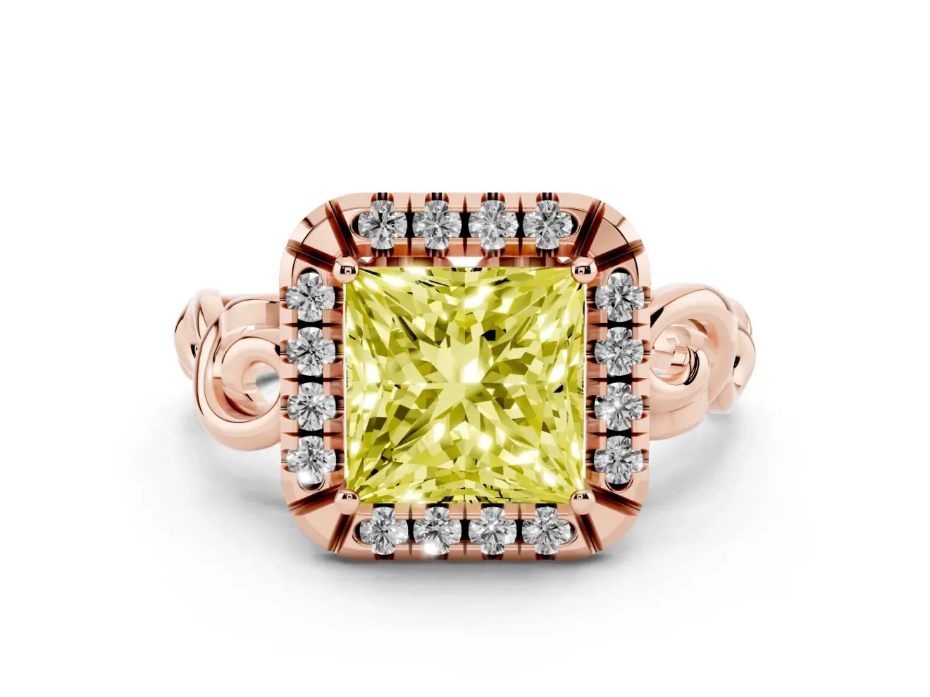 Fancy Yellow Princess Cut Diamond Halo Ring Set in Rose gold with Scrollwork Band and Prong Setting