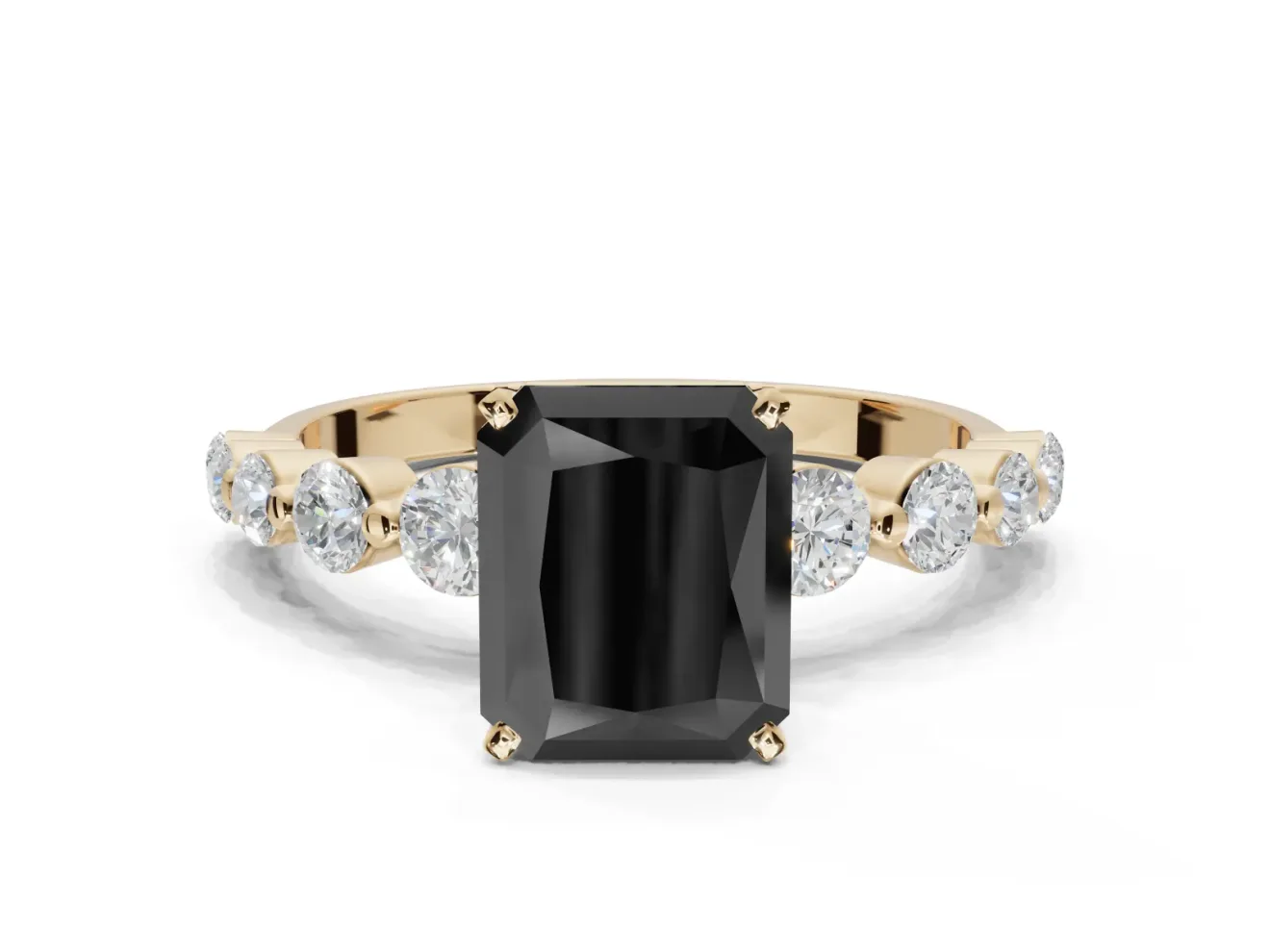 Radiant Cut Graduated Side Stone Engagement Ring Setting for a Black Center | Yellow Gold