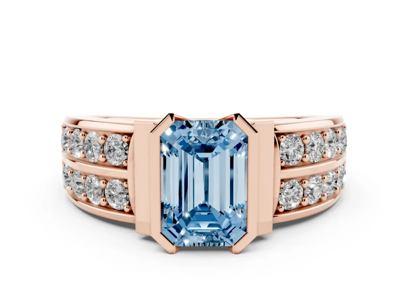 Emerald Cut Half Bezel Engagement Ring Setting for a Fancy Blue Lab-Grown Diamond | Double Row Channel Band | Rose Gold
