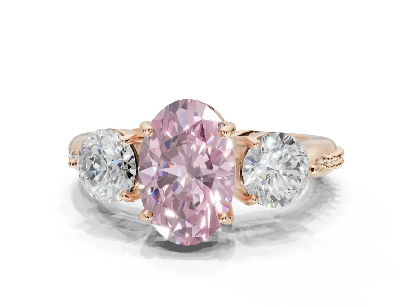 Oval Three Stone Engagement Ring Setting for a Fancy Pink Lab-Grown Diamond | Tapered Pave Band | Rose Gold
