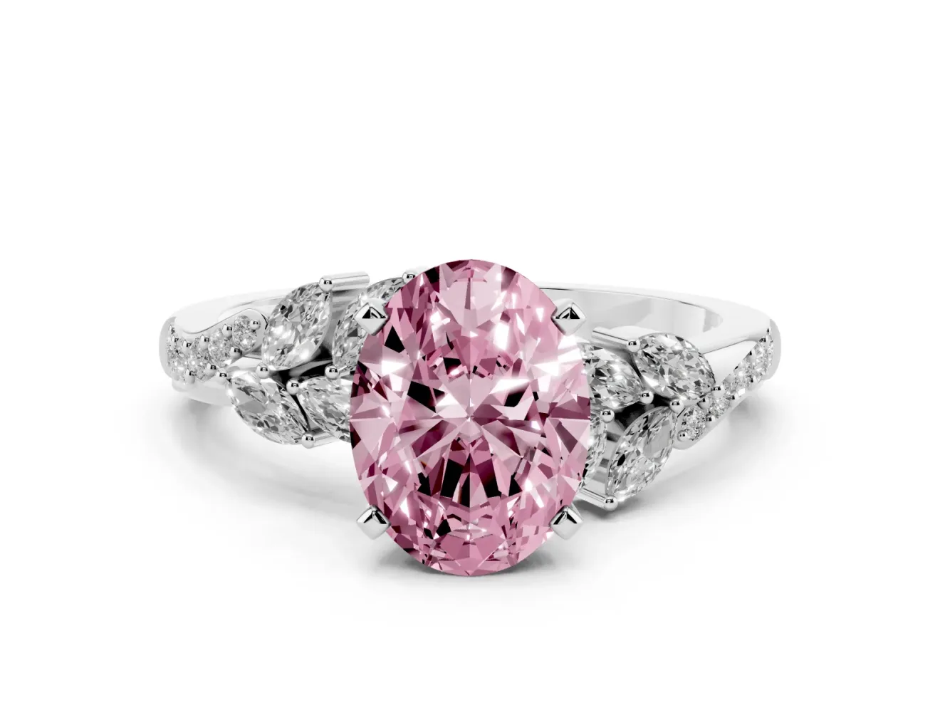 Fancy Pink Oval Cut Diamond Solitaire Ring Set in Platinum with Marquise Twist Band and Prong Setting