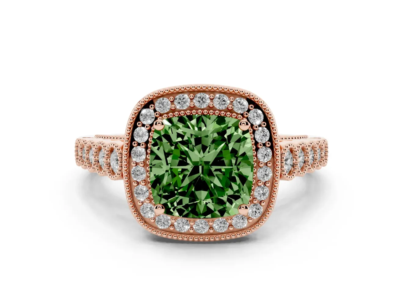 Cushion Cut Graduated Milgrain Halo Engagement Ring Setting for a Fancy Green Lab-Grown Diamond | Rose Gold