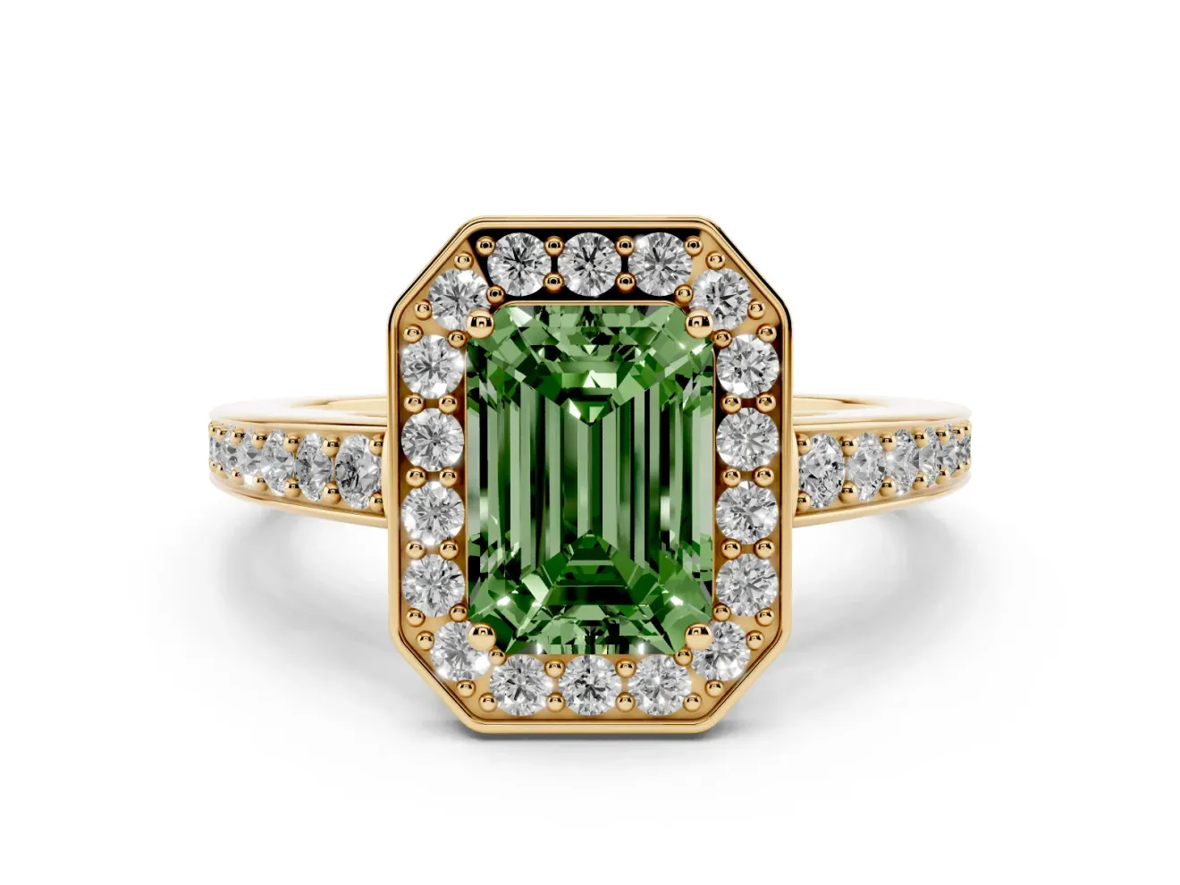Emerald Cut Framed Halo Engagement Ring Setting for a Fancy Green Lab-Grown Diamond | Yellow Gold