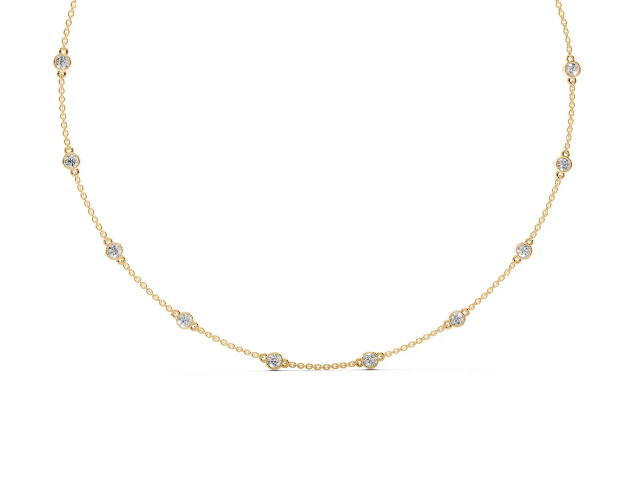Round Lab-Grown Diamond Bezel Station Necklace | Fine Cable Chain | Yellow Gold