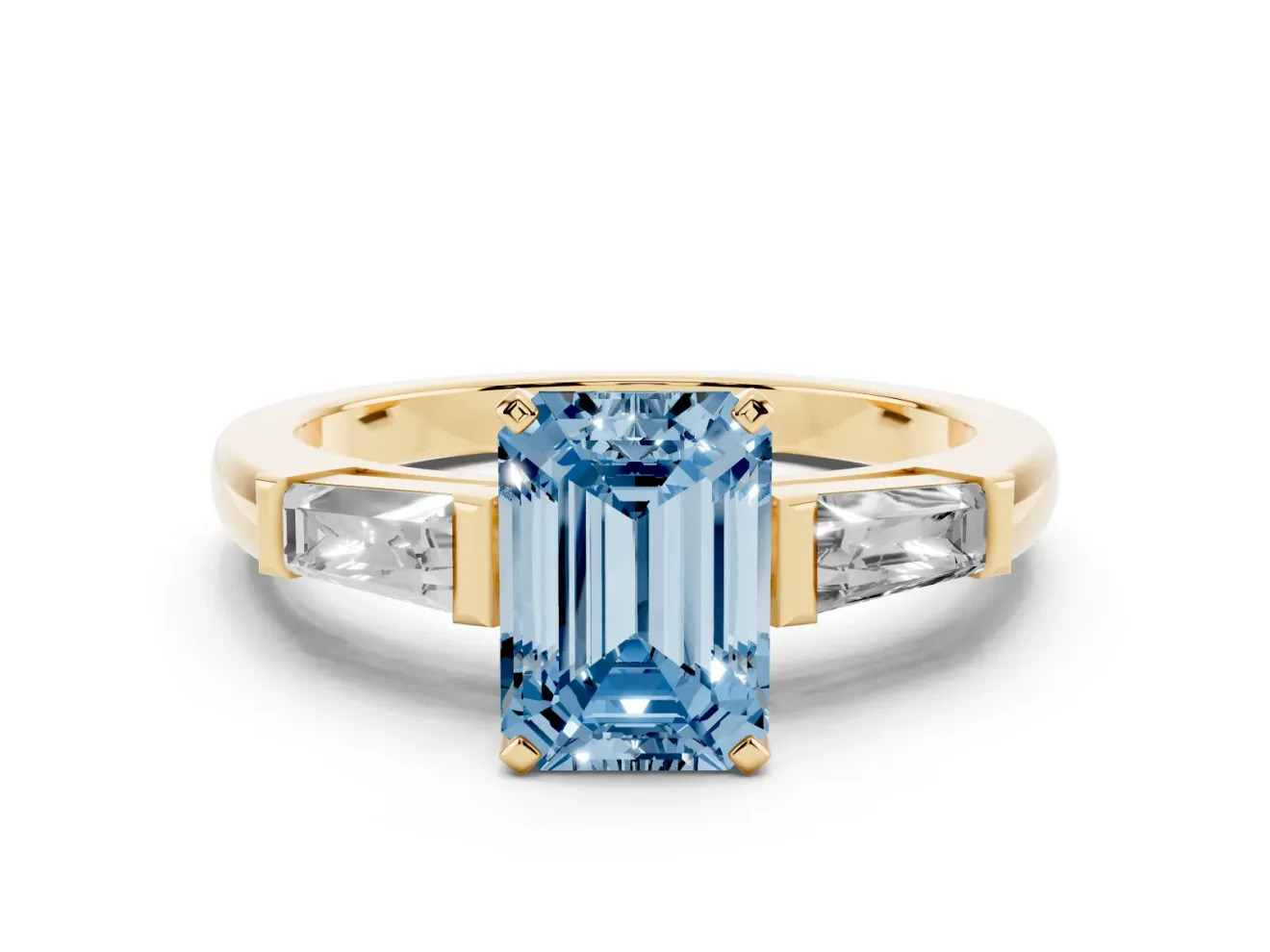 Emerald Cut Three Stone Engagement Ring Setting for a Fancy Blue Lab-Grown Diamond | Tapered Baguettes | Yellow Gold