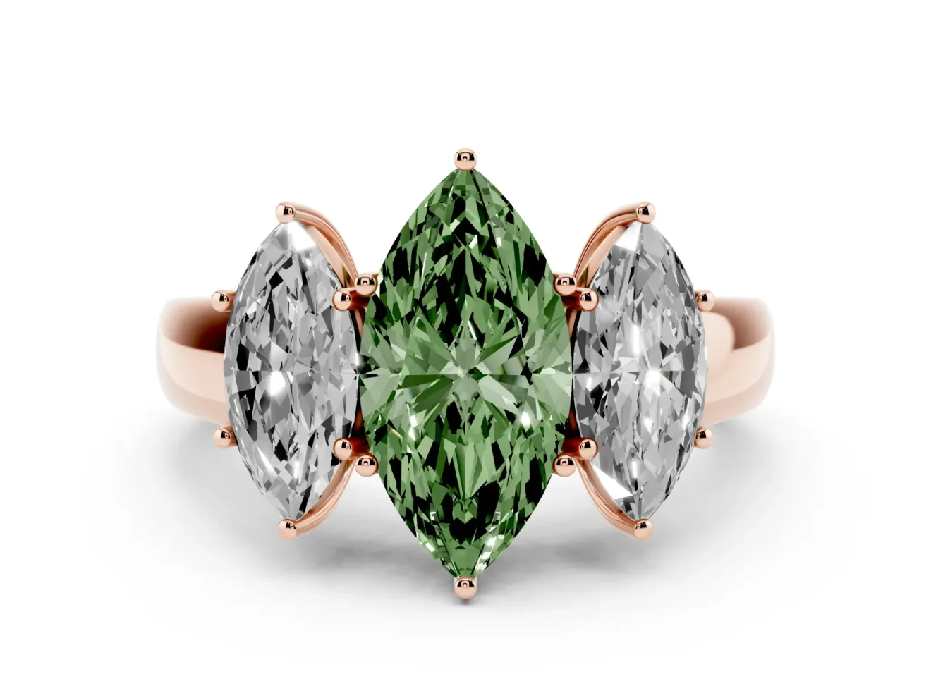 Fancy Green Three-Stone Marquise Cut Diamond Ring Set in Rose gold with Matching Prong Settings and Plain Band
