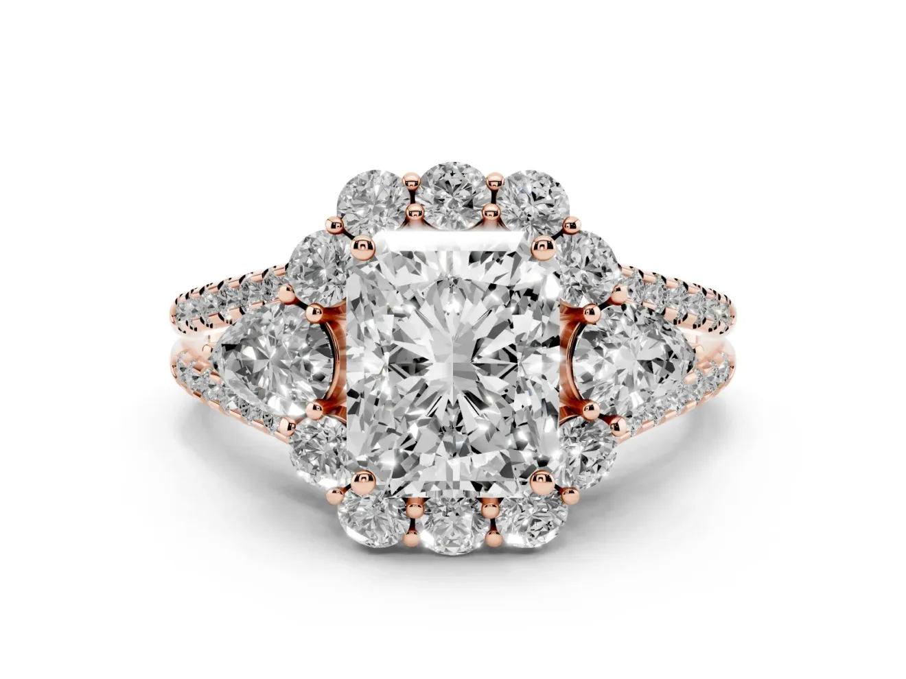 Radiant Cut Diamond Halo Split Shank Engagement Ring Set in Rose gold with Prong-Held Center Stone