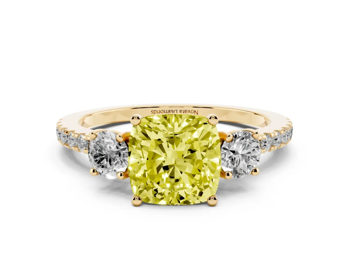Cushion Cut Three Stone Engagement Ring Setting for a Fancy Yellow Lab-Grown Diamond | Pave Shoulders | Yellow Gold