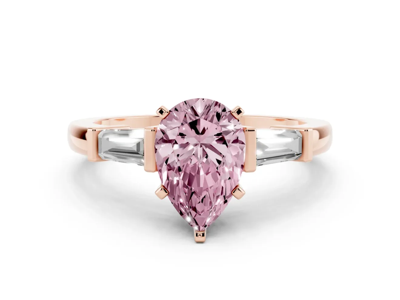 Pear-Shaped Three-Stone Engagement Ring Setting for a Fancy Pink Lab-Grown Diamond | Tapered Baguettes | Rose Gold
