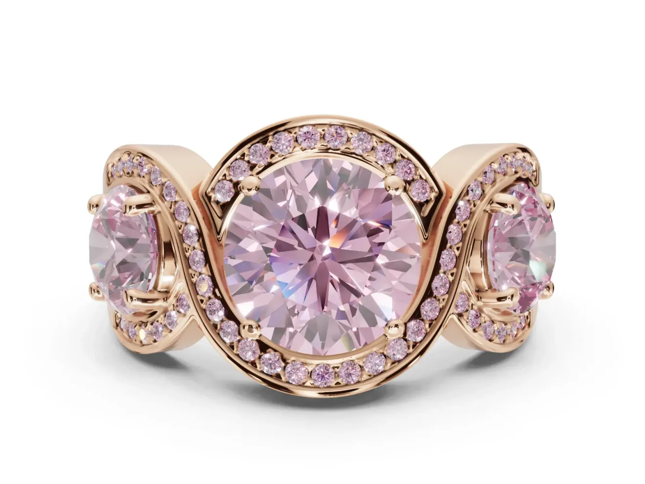 Round Three Stone Halo Engagement Ring Setting for a Fancy Pink Lab-Grown Diamond | Pavé Wave Band | Rose Gold