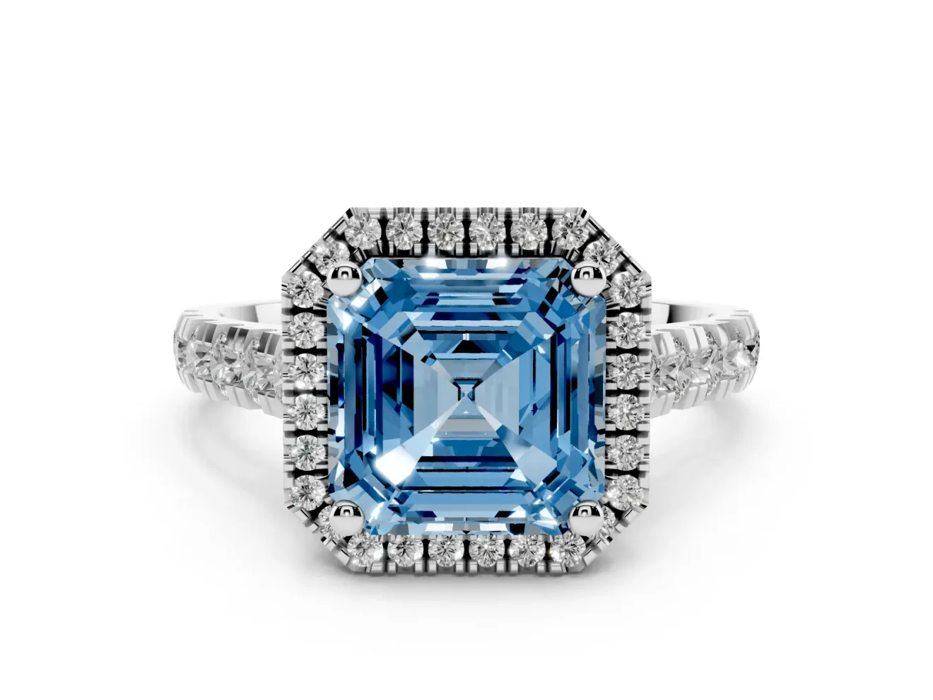 Asscher Cut Accented Halo Engagement Ring Setting for a Fancy Blue Lab-Grown Diamond | White Gold