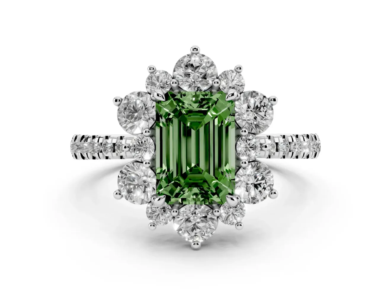 Fancy Green Emerald Cut Diamond Floral Halo Ring Set in White gold with Round Pavé Band and Prong Setting