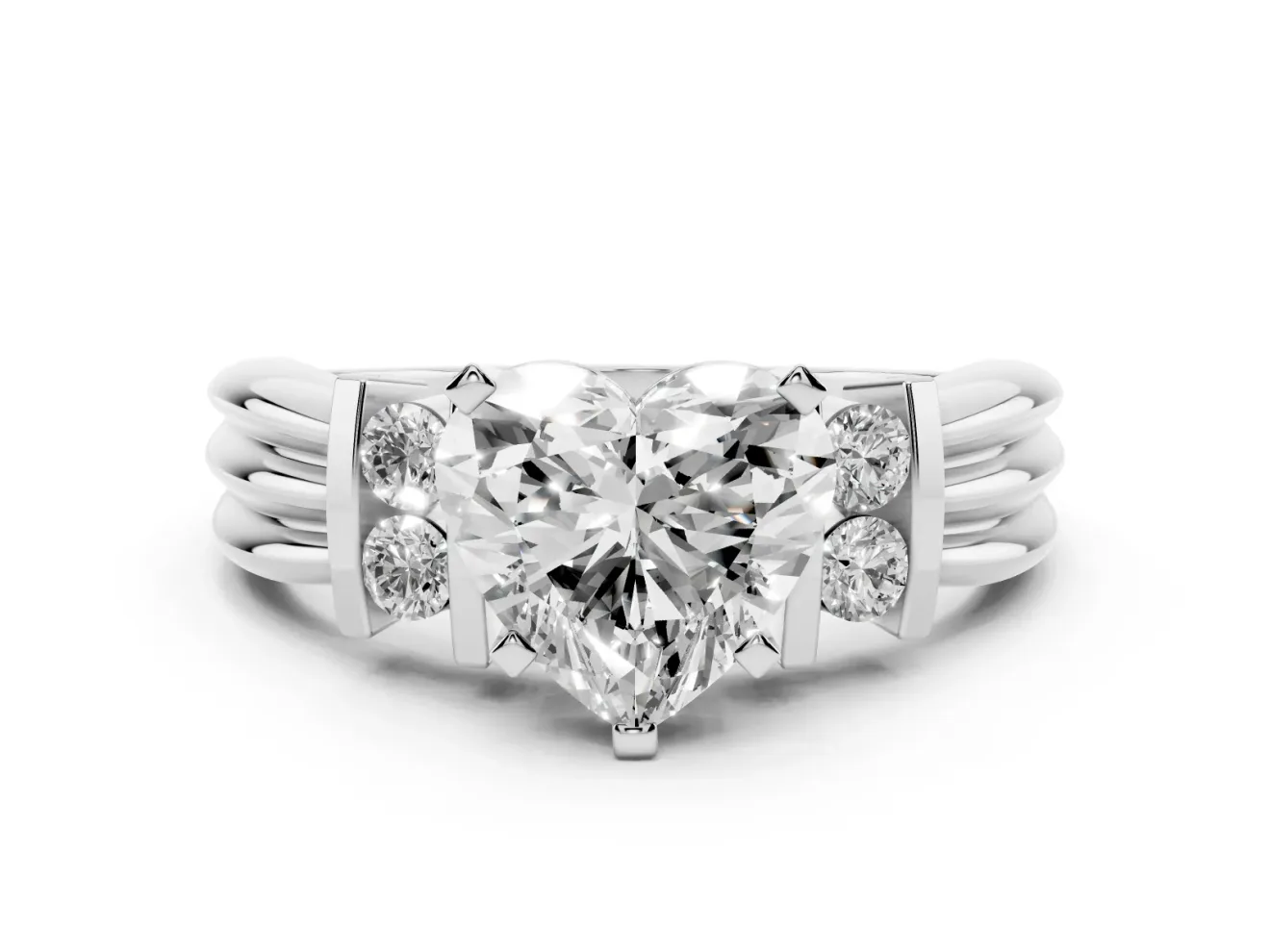 Three-Stone Heart Cut Diamond Channel Set Ring Set in Silver with Bar Prongs