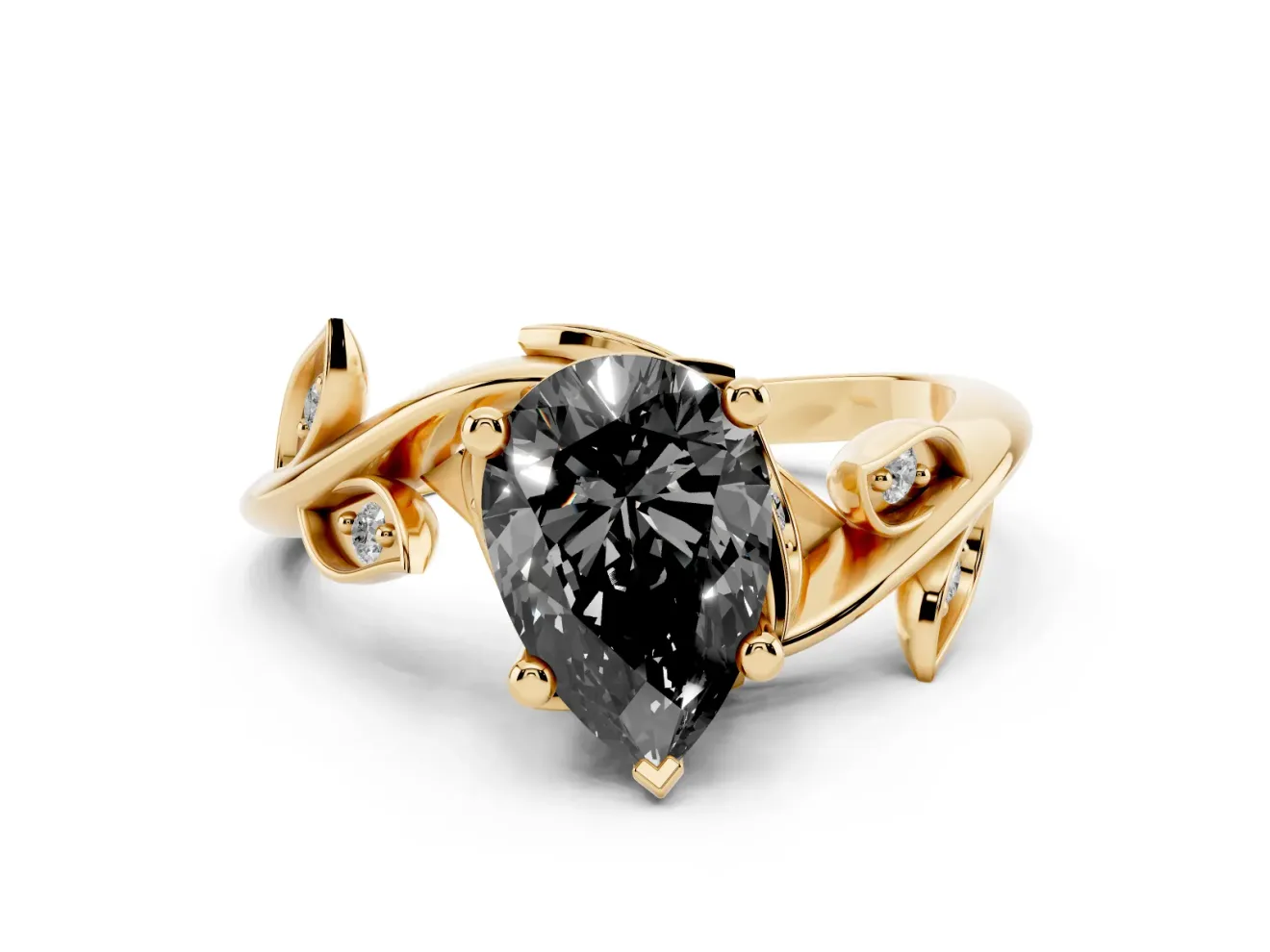 Pear-Shaped Twisted Bypass Engagement Ring Setting for a Black Center | Leaf Vine | Yellow Gold