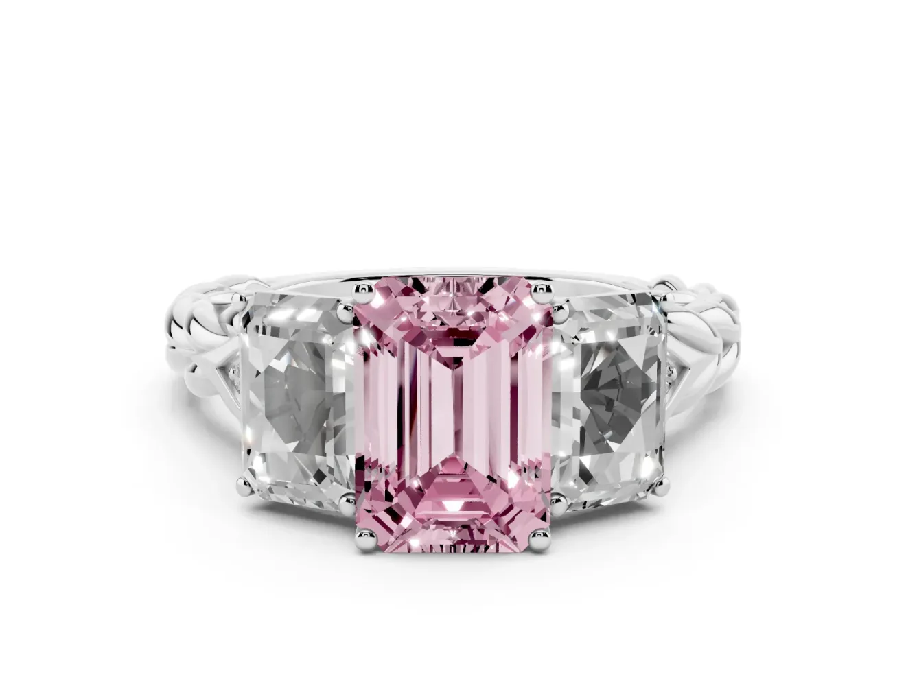 Fancy Pink Emerald Cut Diamond Three-Stone Ring Set in Silver with Braided Band