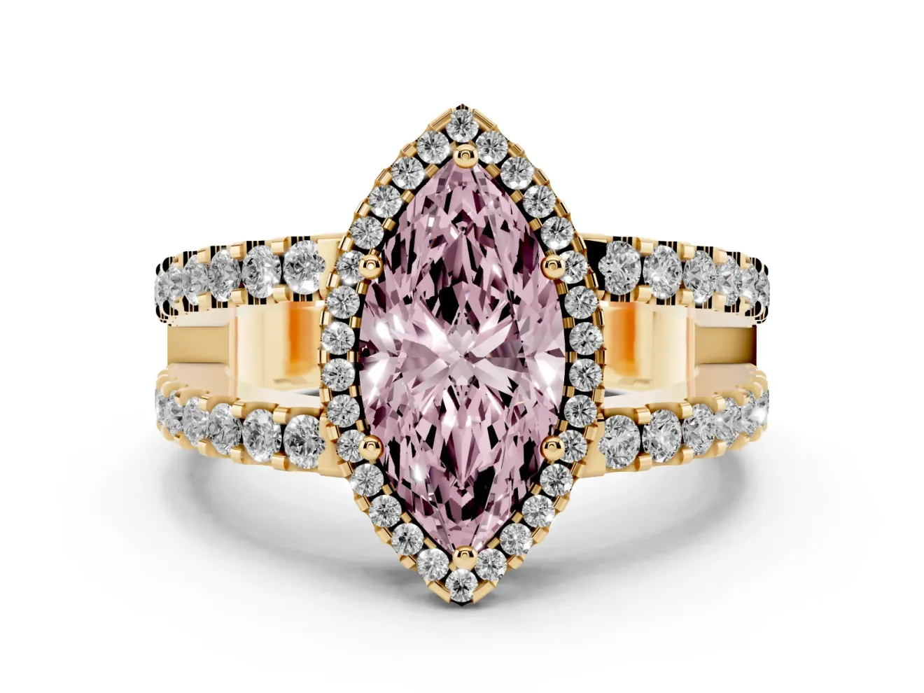 Fancy Pink Marquise Cut Diamond Halo Ring Set in Yellow gold with Pavé Split Shank and Prong Setting