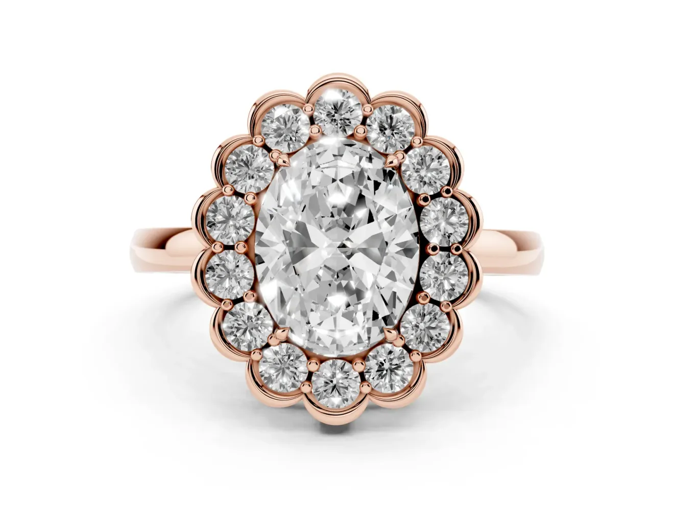 Oval Scalloped Cluster Halo Engagement Ring Setting | Plain Band | Rose Gold