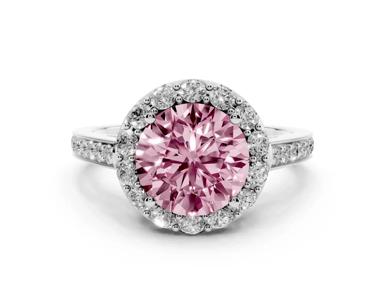 Fancy Pink Round Cut Diamond Floral Halo Ring Set in Platinum with Pavé Band and Prong Setting