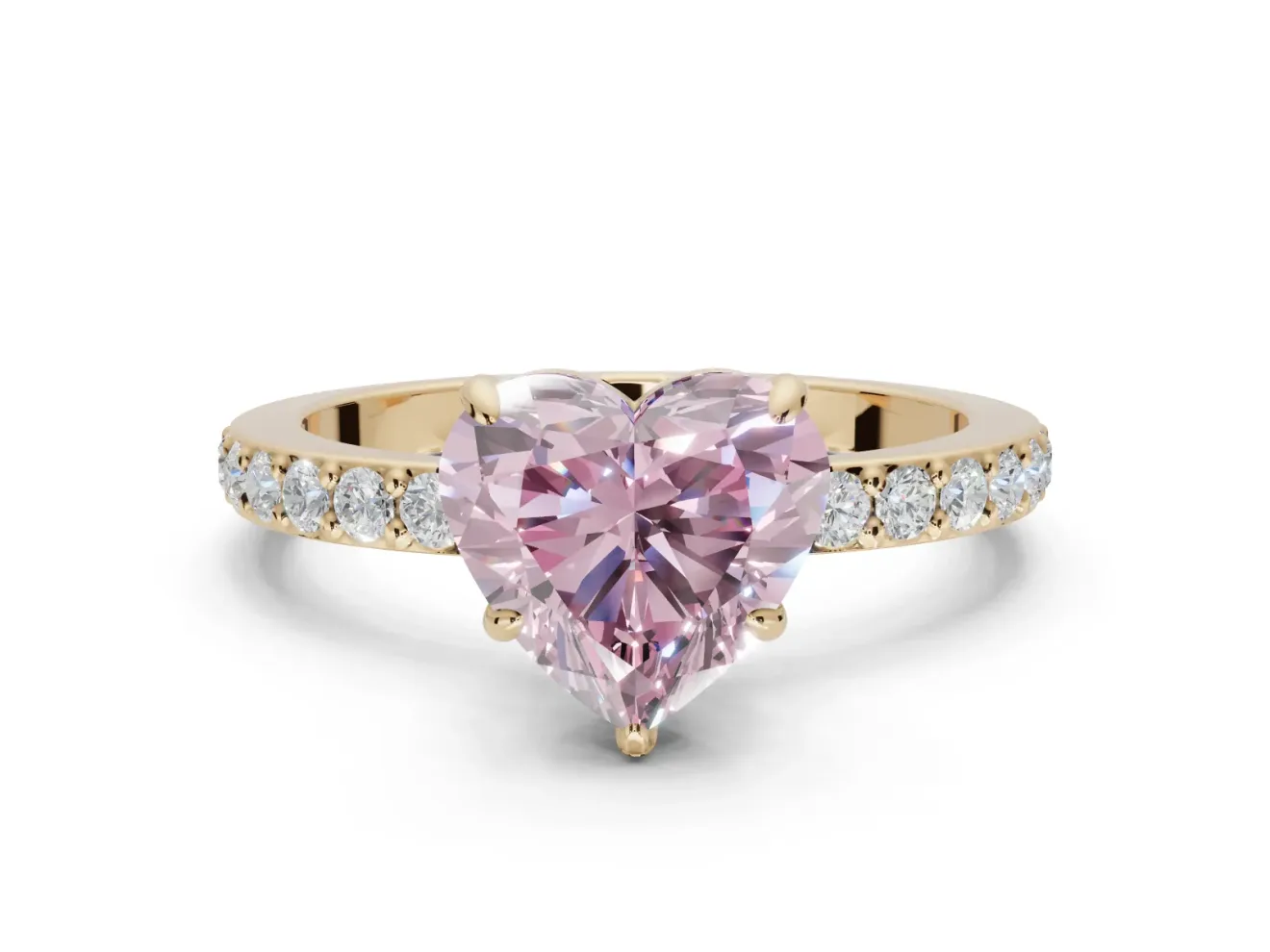 Heart-Shaped Hidden Halo Engagement Ring Setting for a Fancy Pink Lab-Grown Diamond | Pavé Band | Yellow Gold